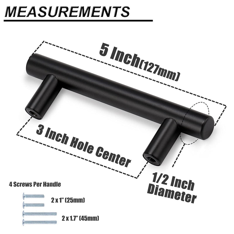 Probrico 5 Pack| Flat Black 3 Inch Center-to-Center Bar Cabinet Pull Modern Cabinet Hardware Kitchen Cabinet T Bar Handles Dresser Pulls, 5 Inch Total Length hole center 3"