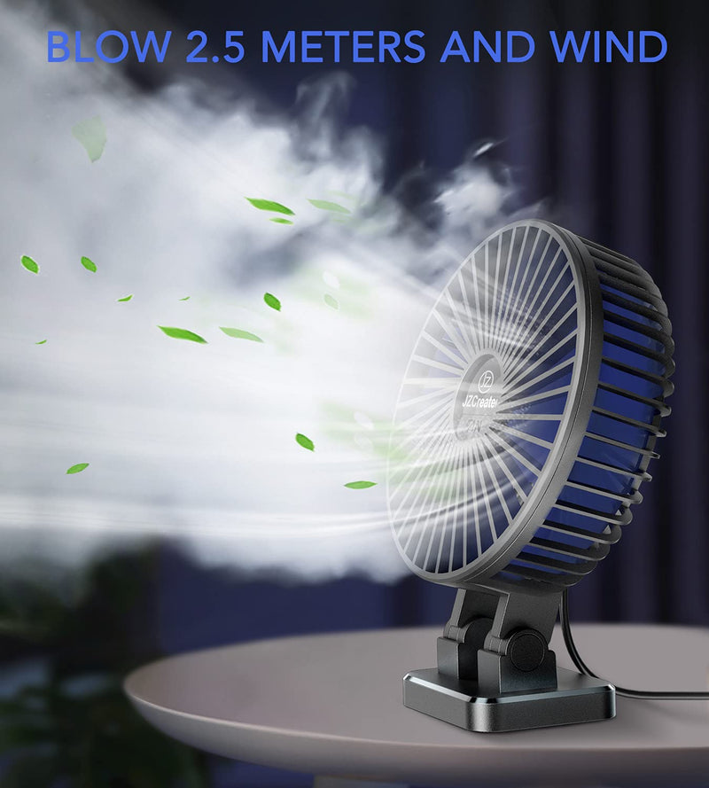 JZCreater USB Desk Fan, 5INCH Mini Fan, 3 Speeds Adjustable Desktop Table Cooling Fan, Rotation Strong Wind, Quiet Personal Fan for Home Office Car Travel, Black Blue