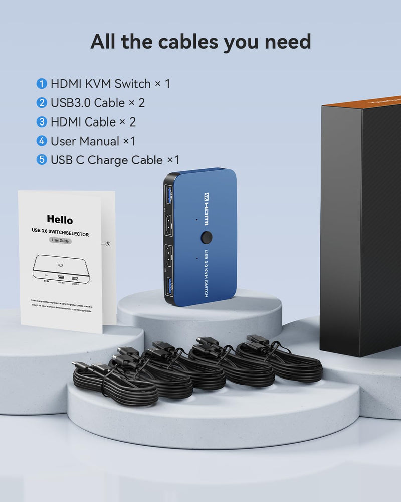 ABLEWE KVM Switch, Aluminum KVM Switch HDMI,USB Switch for 2 Computers Sharing Mouse Keyboard Printer to One HD Monitor, Support 4K@60Hz,2 HDMI Cables and 2 USB Cables Included(Blue) Blue