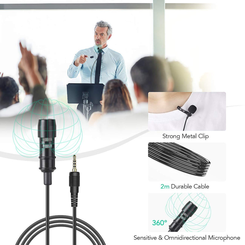 Lavalier Microphone, AGPTEK 3.5mm Hands Free Clip-On Lapel Mic with Omnidirectional Condenser for Camera, iPhone, Android, DSLR, Smartphones, PC,Laptop