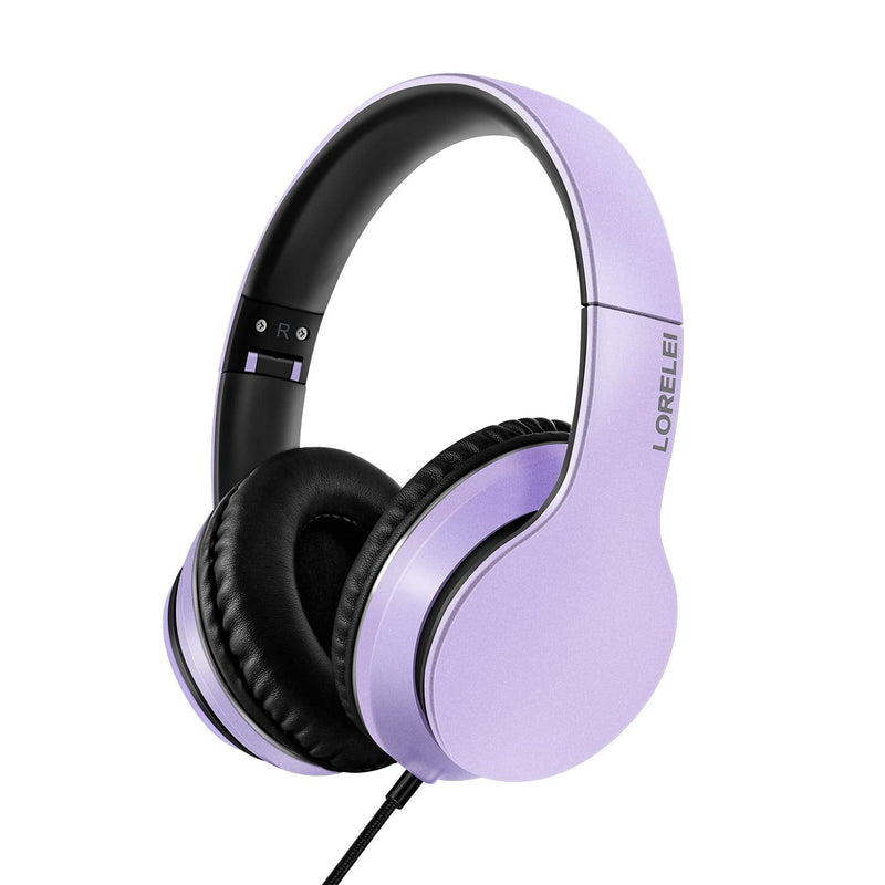 LORELEI X6 Over-Ear Headphones with Microphone, Lightweight Foldable & Portable Stereo Bass Headphones with 1.45M No-Tangle,Wired Headphones for Smartphone Tablet MP3 / 4 (Purple-Black) Dark Purple