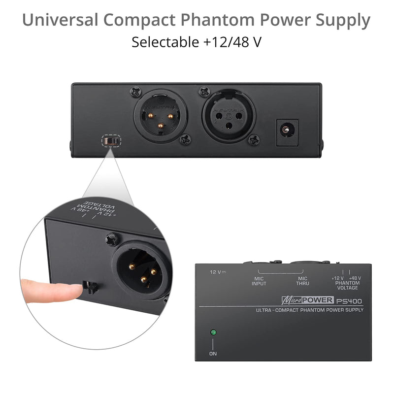 PROZOR Phantom Power Supply Selectable +12 / +48 Volt Regulated PS400 Single Channel Compact Phantom Power Supply With Certified Power Supply
