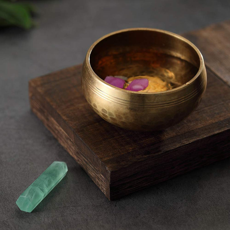 Innovahome Handmade Palm-Size 3.2 inches Tibetan Spiritual Healing Meditation Yoga Singing Brass Bowl Set ~with a Handmade Green Crystal 3.2 inch golden-red