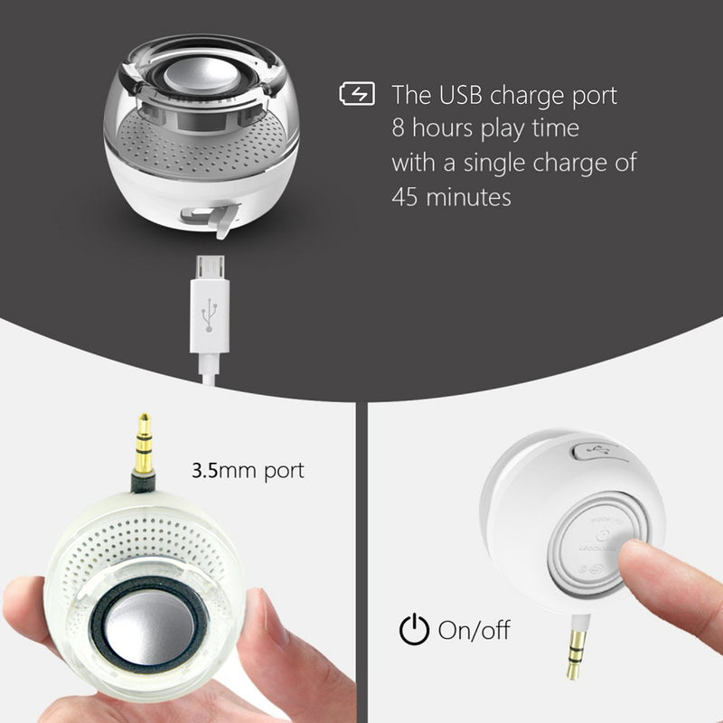 Portable Speaker, Leadsound Crystal 3W 27mm 8Ω Mini Wireless Speaker with 3.5mm Aux Audio Jack Plug in Clear Bass Micro USB Port Audio Dock for Smart Phone, for Pad, Computer (White) white