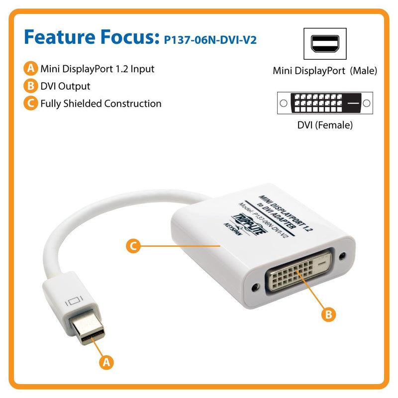 Tripp Lite Keyspan Mini DisplayPort to DVI Active Cable Adapter, MDP 1.2, MDP to DVI (M/F), 1080p, MDP2DVI, 6-in. (P137-06N-DVI-V2), Standard (6")