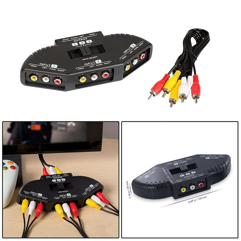 Generic 3 Way Audio Video RCA Switch Selector Splitter Box AV Patch Cable for Connecting 3 RCA Output Devices to TV