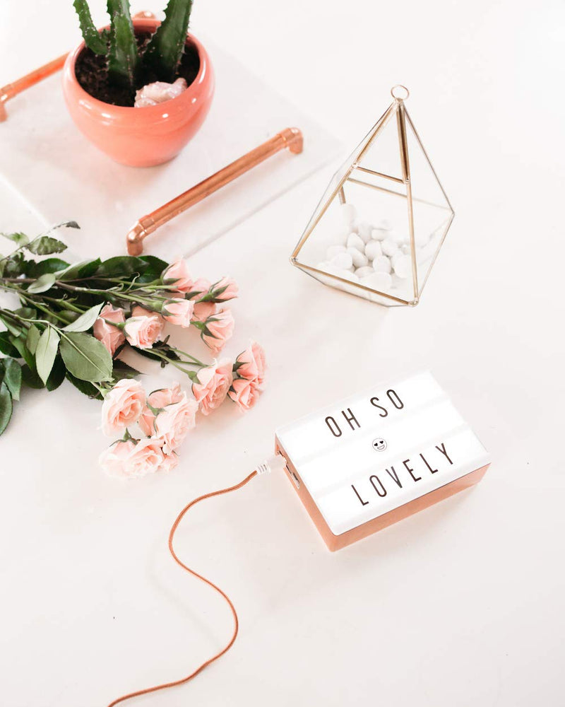 My Cinema Lightbox Rose Gold Light Box, Micro LED Marquee with 100 Letters, Numbers and Emojis, DIY Mini Sign, A6 Size 4x6 inches, Metallic Rose Gold Finish With Matching Braided Rose Gold USB Cable