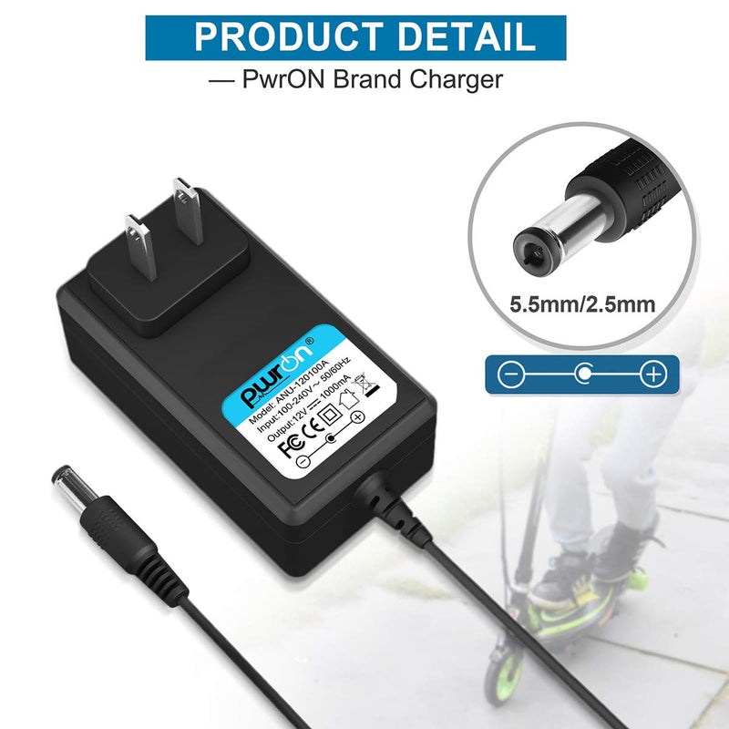 PwrON 12V 1A AC DC Adapter Compatible with for Razor Power Core E90, ePunk, XLR8R, Electric Scream Machine, Kids Ride On Toys, Electric Scooter Power Supply Adapter - 6.6FT Cable