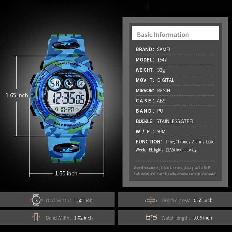 Boy's Digital Watch, Military Sports Watch with Alarm Stopwatch LED Backlight Waterproof Kids Watch for Boys B-Light Camouflage Blue