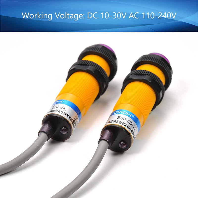 Fielect 2Pcs Photoelectric Sensors Through-Beam Detection Photoelectric Sensor Switch 200MA Detection Distance 5M 3/2 Wires E3F-5L+E3F-5DN1 Models : E3F-5L+E3F-5DN1