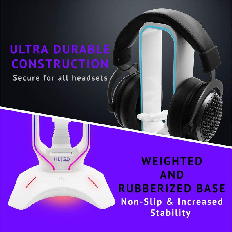 Tilted Nation RGB Gaming Headset Stand - 3 in 1 Design with Mouse Bungee and 2 Port USB 3.0 Hub - The Ultimate Gaming Accessory - Dynamic RGB Headphone Stand with USB Charger - White