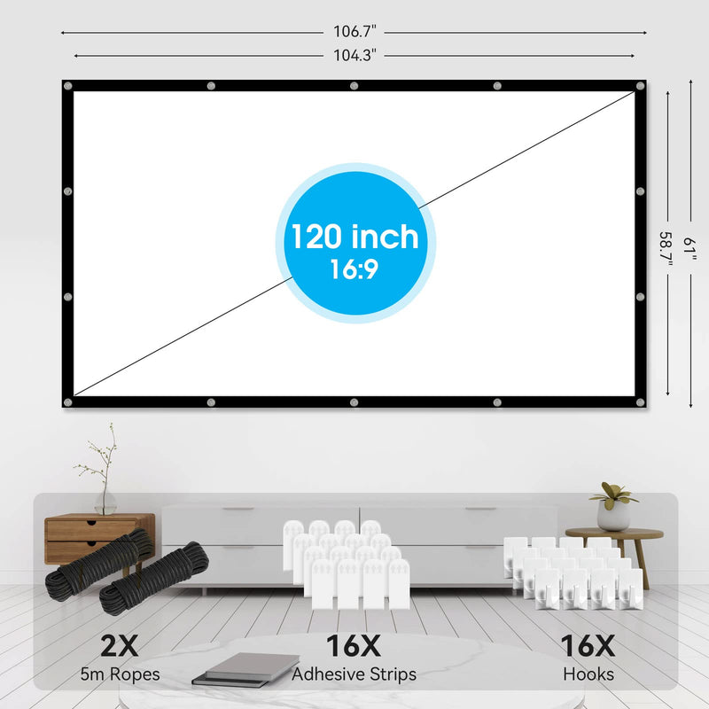 Frocopo 120 inch Projector Screen, 16:9 Foldable Anti-Crease Portable Projection Movies Screens, Double Sided Washable Outdoor Projector Screen for Home Theater, Camping Party, Office