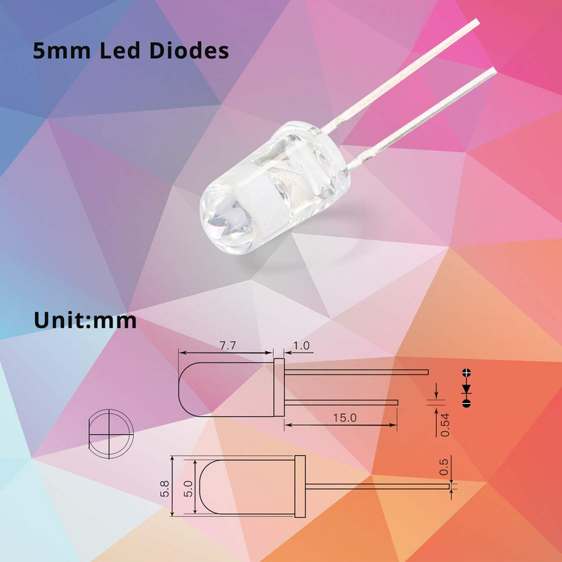 Novelty Place 100 Pcs (5 Colors x 20pcs) 5mm White/Red/Yellow/Green/Blue LED Diode Lights - DC 2V-3V 20mA Emitting Diodes LEDs Bulb - DIY Science Project Electronics Components Lighting Kit