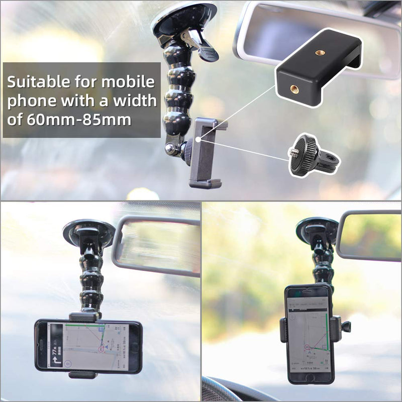 Flexible Gooseneck Suction Cup Car Mount Holder for GoPro Hero 10 9 8 7 6 5 Black,SUREWO Flexible Extension Car Windshield Mount with Phone Holder for iPhone,Samsung Galaxy,Google Pixel and More