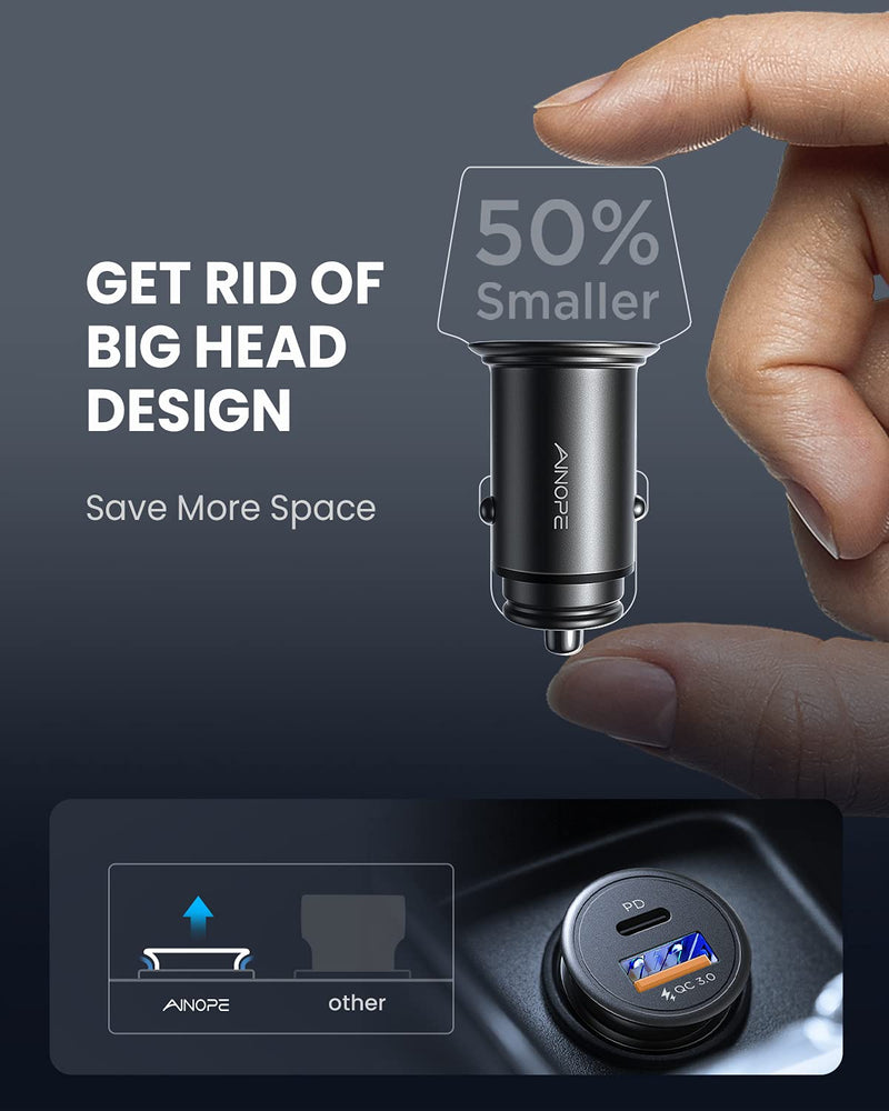 USB C Car Charger 42W Super Mini AINOPE All Metal Fast USB Car Charger PD&QC 3.0 Dual Port Car Adapter Compatible with iPhone 12/12 Pro/Max/12 Mini/iPhone 11/Pro/Max/XR/XS/Max/8, Galaxy S21/20/10/9 Black