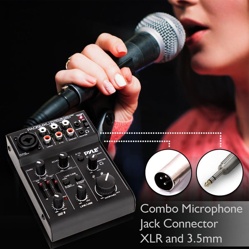 Pyle USB Audio Mixer DJ Controller - 3 Channel USB Mixer Sound Audio Recording Interface with XLR and 3.5 mm Microphone Jack-PAD15MXU