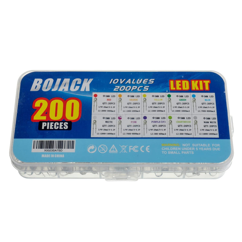 BOJACK 10 Colors 200 pcs 5mm LED Diode Lights Assored Kit Pack ( Transparent DC 2V - 3.2V 20mA) Bright Lighting Bulb Lamps Electronics Components 5 mm Light Emitting Diodes Parts