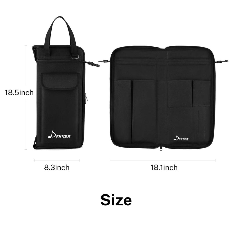 Donner Drumsticks Bag, Large Capacity Drum Sticks Bag Portable Drumstick Bags for Drumsticks, Drum Key, Drum Wire Brushes, Resonance Pad and Mallets (Black)