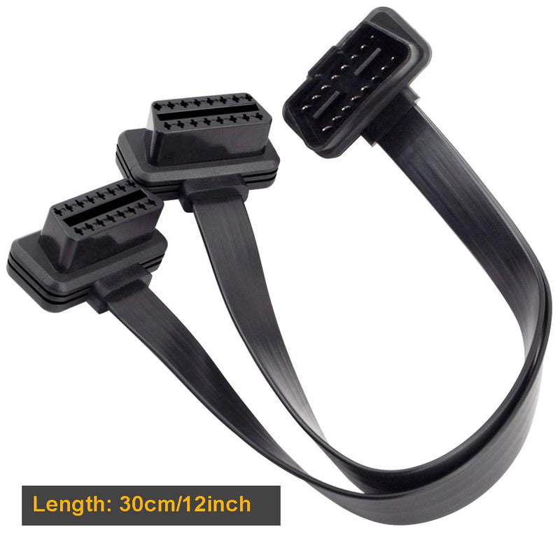 iKKEGOL Ultra Low Profile Right/Left Angle 16 Pin OBD2 OBDII Splitter Extension Cable Male to Dual Female Y Cable 30cm/12 (Right/Left Port) Right/Left Port
