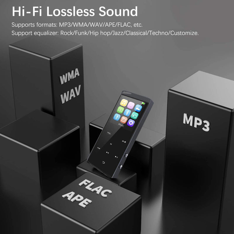 Frehovy 16G MP3 Player with Bluetooth 4.2, Portable Lossless Sound MP3 Music Player with FM Radio Voice Recorder Music Speaker, Support Up to 128 GB with HiFi Headphone Black