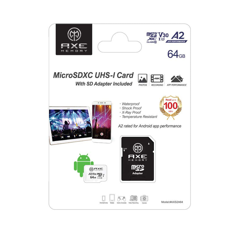 AXE MEMORY 64GB microSDXC Memory Card + SD Adapter with A2 App Performance, V30 UHS-I U3 4K White - A2 Premium Speed 64 GB