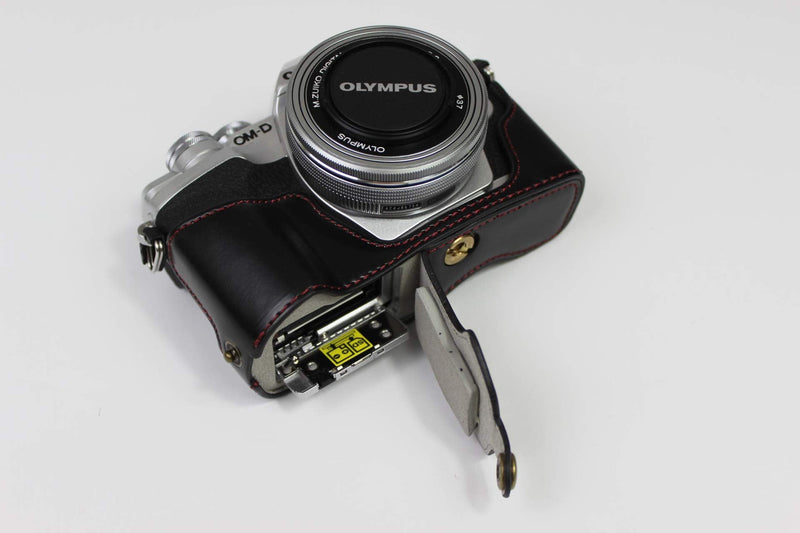 E-M10 Mark IV Case, BolinUS Handmade PU Leather Fullbody Camera Case Bag Cover for Olympus OM-D E-M10 Mark IV with 14-42mm EZ Lens Bottom Opening Version + Neck Strap + Mini Storage Bag (Black) Black