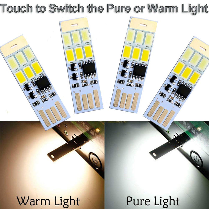 4 Pack USB Lights Keychain Super Bright Night Light 6 LEDs(Creative Design:3 Pure White & 3 Warm White LEDs Light Switchover) with Smart Touch Electrodeless Dimming Switch