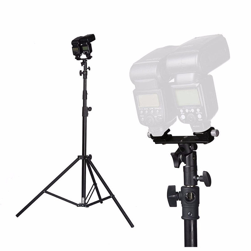 EXMAX E2 Adjustable Double Flash Bracket Dual Hot Shoe Speedlight Stand Umbrella Holder Light Stand Bracket Mount 1/4" to 3/8'' for Studio Video DSLR Camera