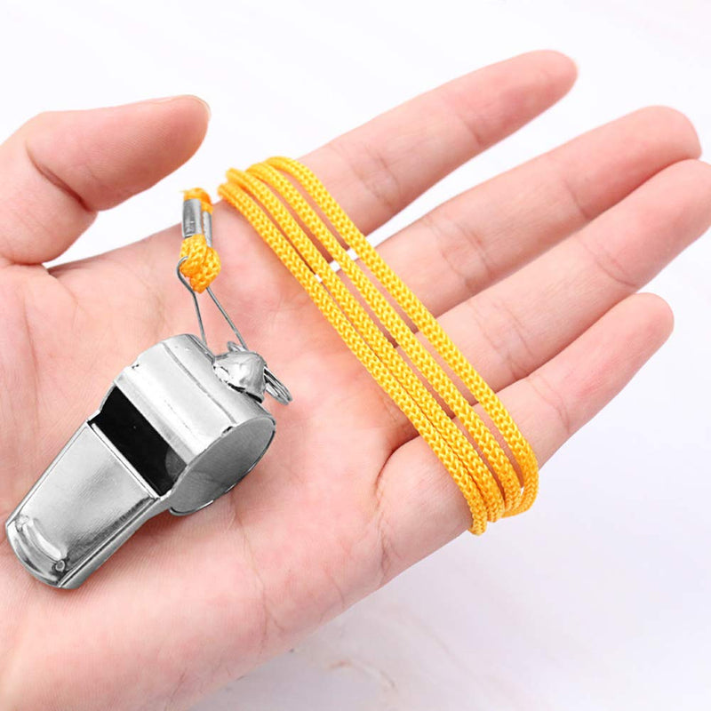 FineGood 5 pcs Stainless Steel Whistle, Loud Metal Whistle with Yellow Lanyard for Referees Coaches Lifeguards Survival Emergency Football Basketball Soccer Hockey