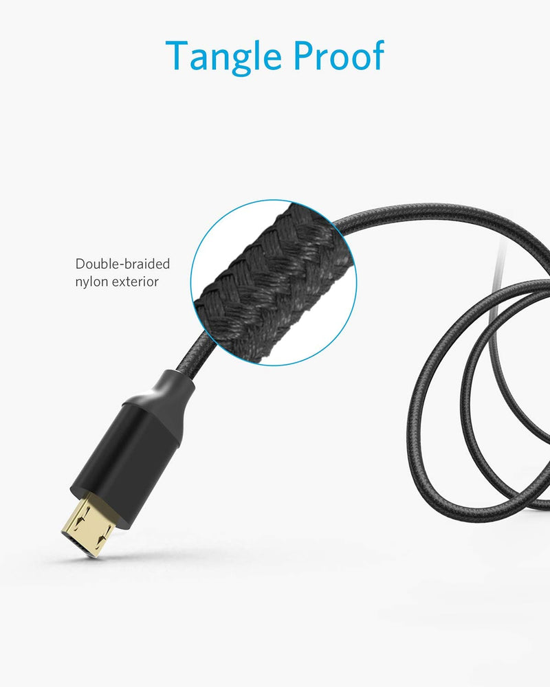 Anker [2-Pack 6ft] Nylon Braided Tangle-Free Micro USB Cable with Gold-Plated Connectors for Android, Samsung, HTC, Nokia, Sony and More (Black) Black