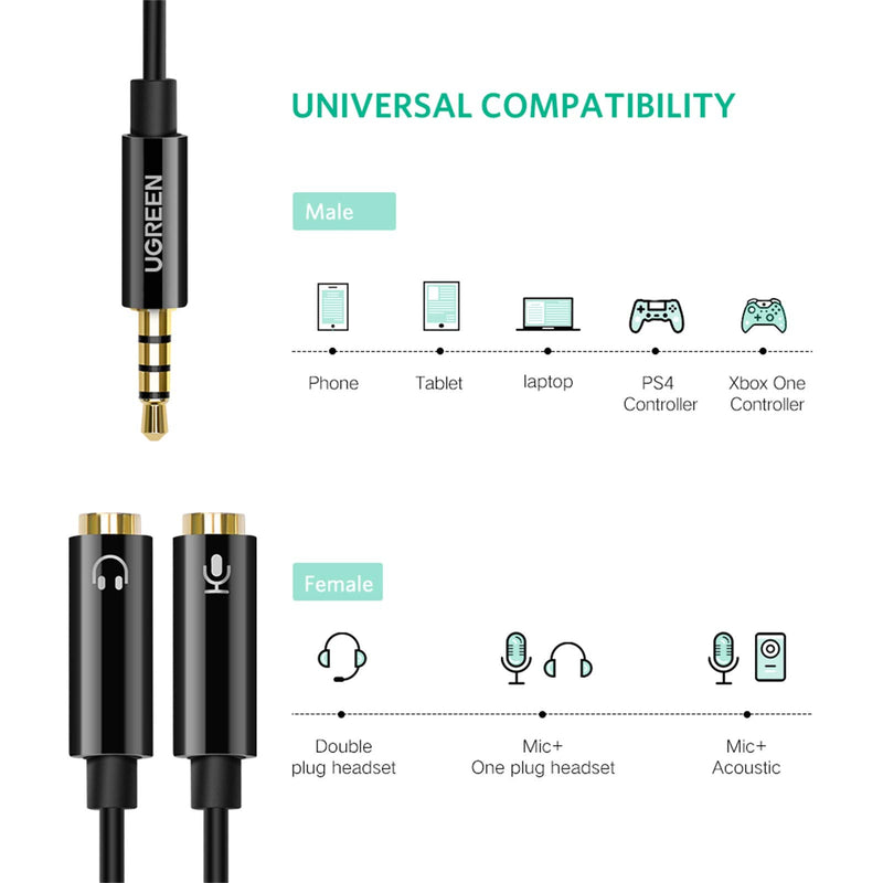 UGREEN Headset Splitter Headphone Mic Y Adapter Cable 3.5mm Audio Male to Separate Stereo Aux Female Jack Microphone Female Jack Compatible for PS4 Xbox Laptop Phone PC Gaming Headset Black