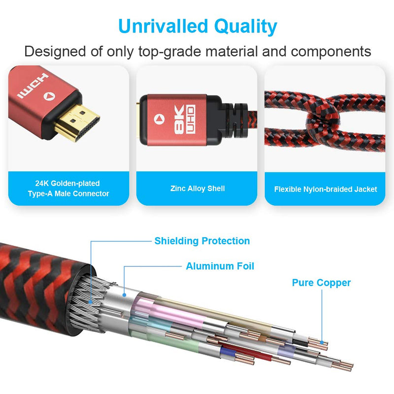 Yauhody 8K HDMI Cable 6ft (3 Pack), Durable Nylon Braided, High Speed 48Gbps HDMI 2.1 Cord, Supports 8K, 4K, 10K, 2K, HD, 3D, Dynamic HDR, HDCP 2.2, 4:4:4, eARC, Real 8K HDMI 2.1 (6ft, 3 Pack, Red)