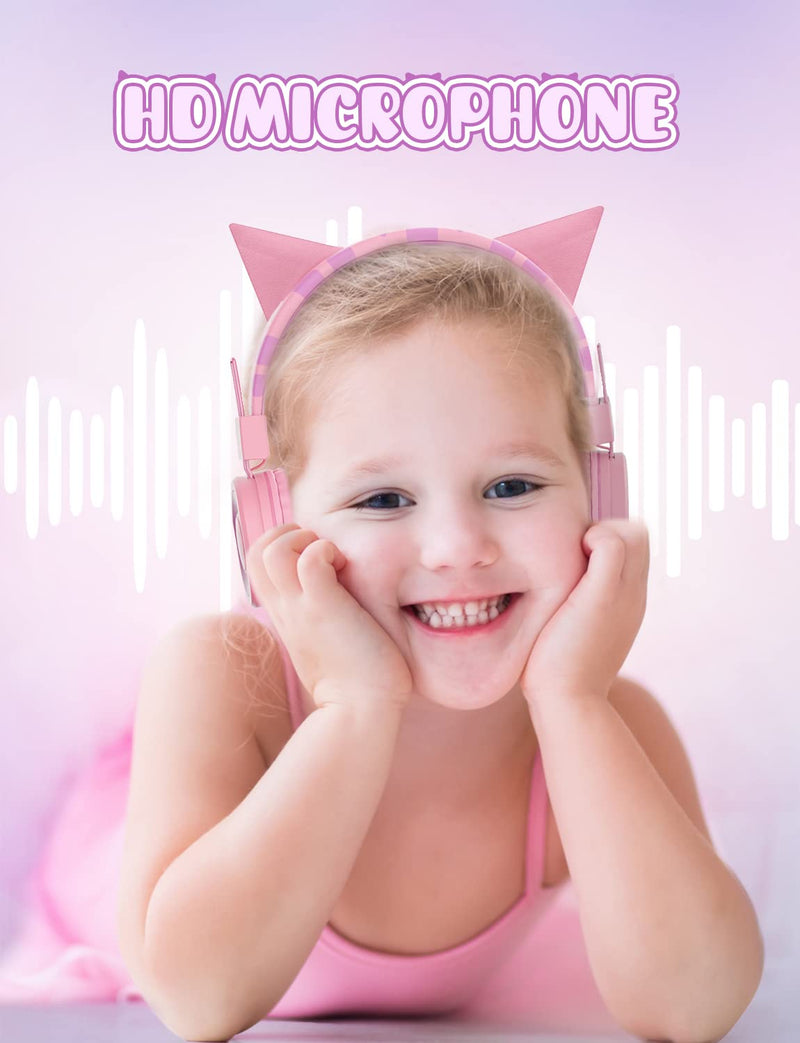 SIMJAR Cat Ear Kids Headphones with Microphone for School, Volume Limiter 85/94dB, Wired Girls Headphones with Foldable Design for Online Learning/Travel/Tablet/iPad (Pink) Pink
