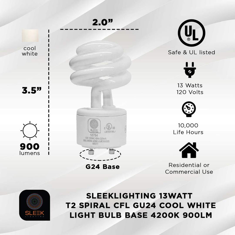 SleekLighting - 13Watt GU24 Base 2 prong light bulbs- UL approved-120v 60Hz - Mini Twist Lock Spiral -Self Ballasted CFL Two Pin Fluorescent Bulbs- 4200K 900lm Cool White 4pack (60Watt Equivalent)