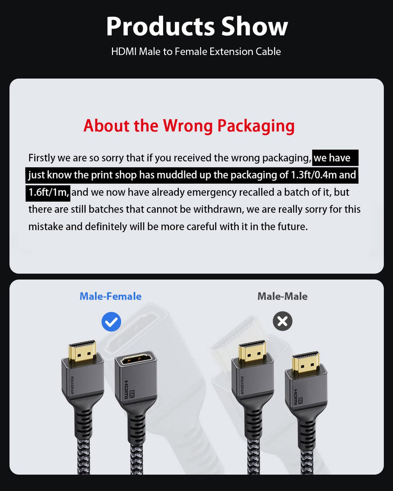 8K HDMI Extension Cable, Maxonar 8K60 4K120 144Hz High Speed HDMI Extender Cord Male to Female Adapter Connector Compatible with Apple TV, Playstation 5/PS5, Xbox Series X, Roku/Fire/Sony/LG TV, 1.3FT 1.3ft/0.4M