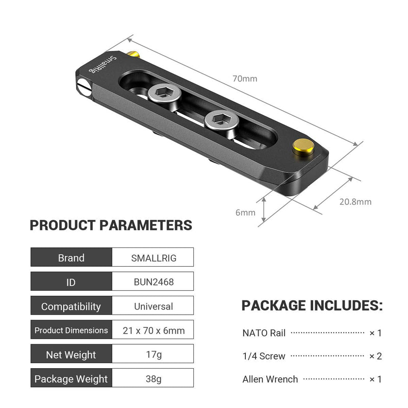 SMALLRIG Universal Low-Profile Quick Release NATO Rail Safety Rail 70mm/2.8inches Long with 1/4'' Screws for NATO Handle Camera Cage EVF Mount – BUN2483 70 mm