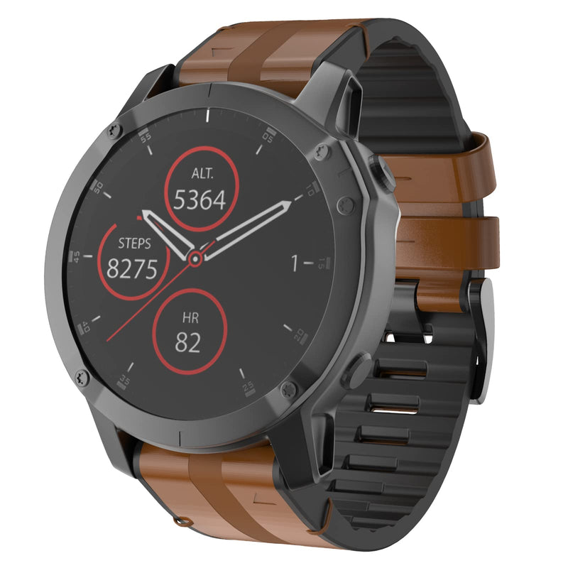 Leather Watch Bands for Fenix 6X / Fenix 5X, Quick Fit 26mm Soft Genuine Leather with Silicone Sweatproof Wrist Strap for Garmin Fenix 6X Pro Brown