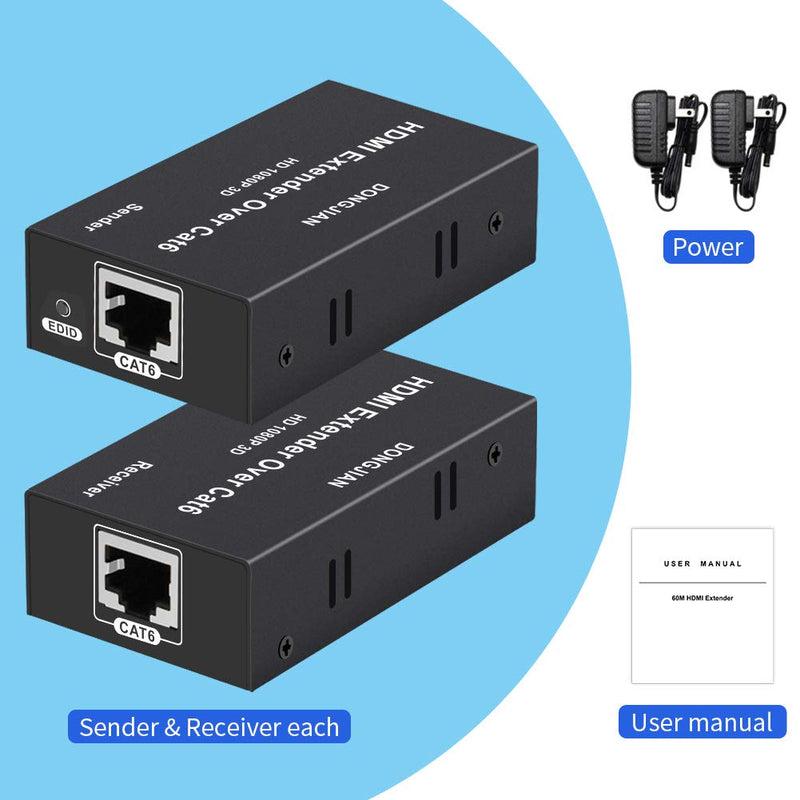 HDMI Extender 196ft HDMI Over Single Cat5E/6/7 HDMI Repeater HDMI Balun Sender Transmitter Receiver Support 1080p 3D HDMI 1.4a HDCP EDID