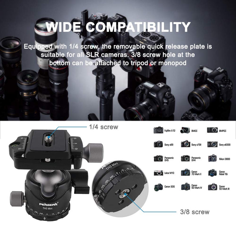 Pergear TH3 Mini DSLR Camera Tripod Ball Head, Aluminum Alloy Build Quality, 10kg/ 22 lbs Payload, Weight Only 194g/6.84oz, Free Rotation Ball Head
