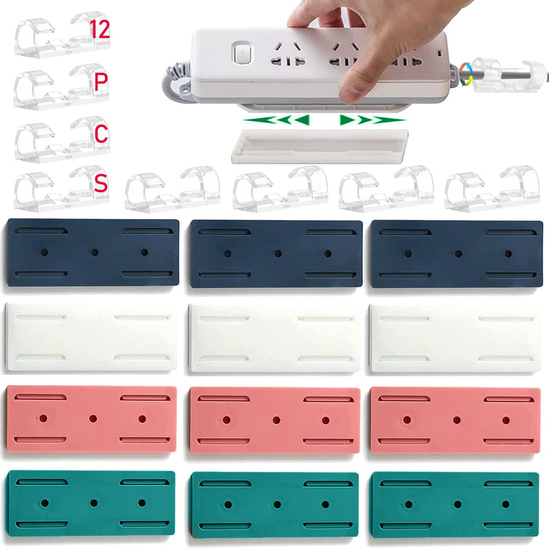 12PCS Power Strip Holder, Adhesive Punch-Free Socket Holder, Self Adhesive Socket Desktop Fixer, Cable Management Punch Free Surge Protector, Desktop Mobile Socket Holder Wall Mount and 12 Cable Clips 12PCS
