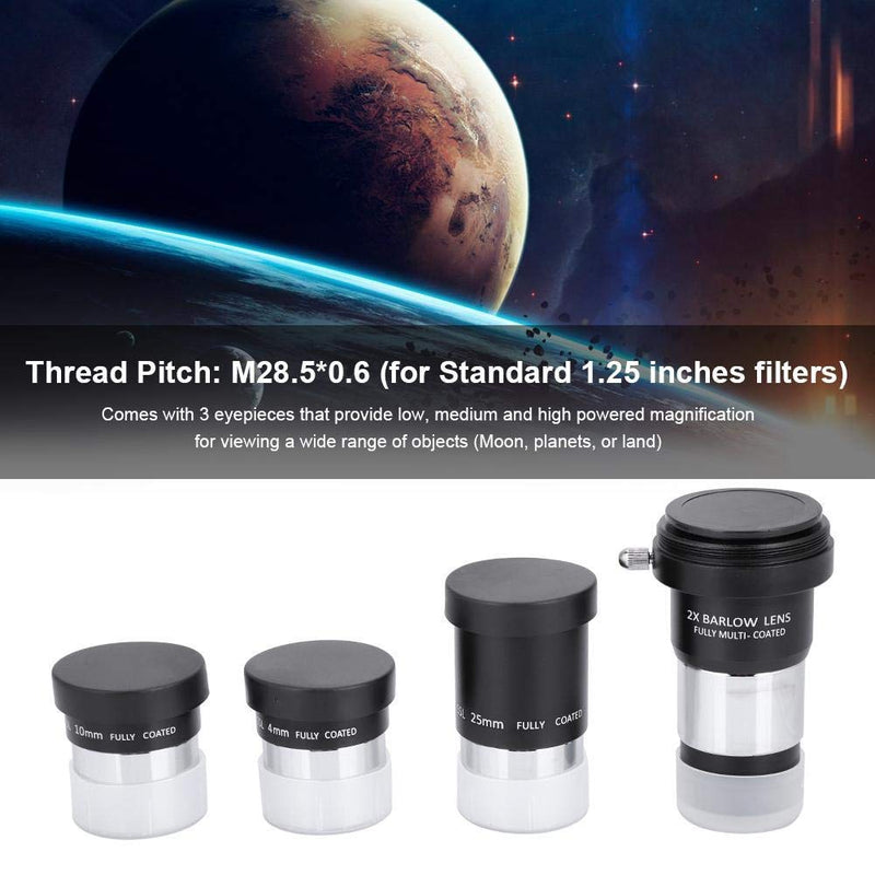 Astronomical Telescope Accessory Kit,1.25 inch Plossl Telescope Eyepiece Set 4/10/25mm + 2X Barlow Lens Kit for Astronomy