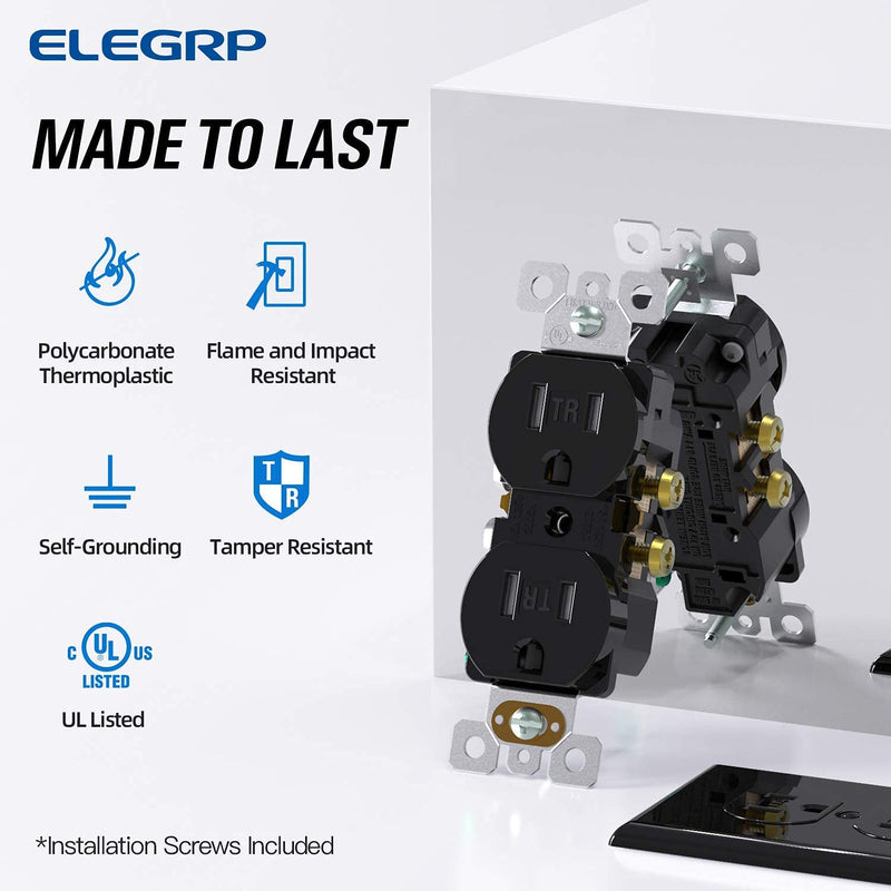 ELEGRP Tamper-Resistant Duplex Receptacle, 15A 125V Standard Electrical Duplex Wall Outlet, 2 Pole 3 Wire, 5-15R, Self-Grounding, Residential Grade Straight Blade, UL (Glossy Black, 10 Pack) TR Outlet
