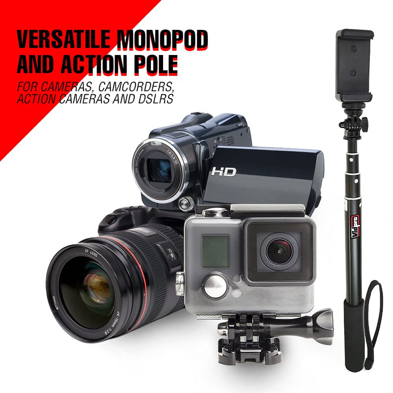 Vidpro MP-20 Action Pole - Lightweight 36-inch Extendable Aluminum Monopod Collapses down to 10 inches Includes Integrated Mount for GoPro Phone Clamp and Tripod Adapter Perfect for Cameras Camcorders and DSLRs