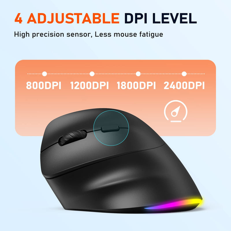 MEETION Left-Handed Mouse, Ergonomic Mouse Wireless Vertical Mouse, RGB Rechargeable Mice for Bluetooth(5.2 + 3.0) & USB-A with Type-c Adapter 4 Adjustable DPI for Mac/Windows/Andriod/PC/Tablet/iPad Black
