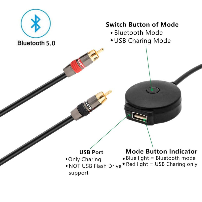 Bluetooth 2 RCA Aux Charing Adapter Aux Car Stereo Y Splitter Cable for IP Android Compatible with Infiniti Nissan Dodge Mazda KIA