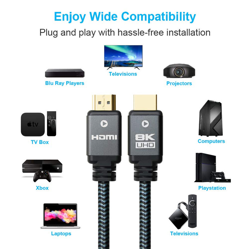 Yauhody 8K HDMI 2.1 Cable 10ft, 48Gbps Ultra High Speed Heavy Duty Nylon Braided HDMI 2.1 Cord, Real 8K@60Hz, 10K, 4K@144Hz, 4K@120Hz, eARC, HDCP 2.2 & 2.3, Dynamic HDR, 3D for Monitor, TV (10 Feet) 8K-10ft