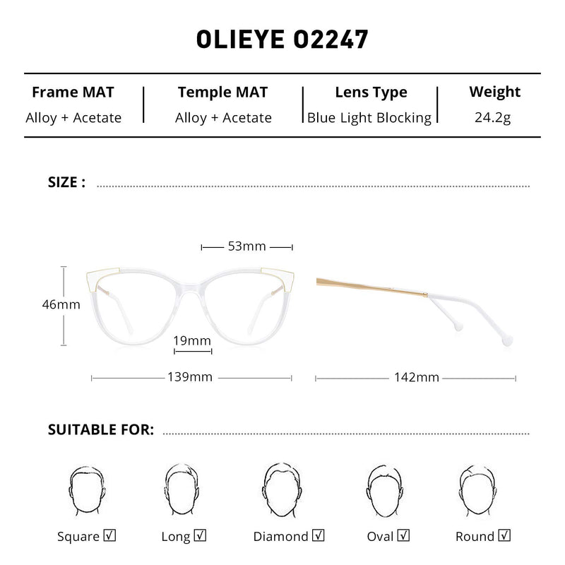 OLIEYE Cateye Blue Light Blocking Glasses Fashion Women Anti Eye Strain Computer Eyeglasses Frames Anti UV Clear Lens Transparent 53 Millimeters