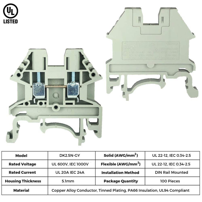 [AUSTRALIA] - Dinkle Gray DK2.5N-S13109 DIN Rail Terminal Block Screw Type UL 600V 20A 12-22AWG, Pack of 100 Grey 