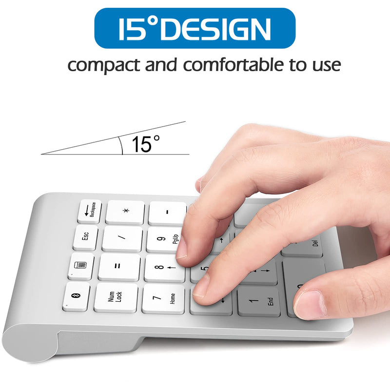 Foloda Bluetooth Wireless Number Pads: 22 Keys Wireless Financial Accounting Numeric Keypad, External 10 Key Numpad Numbers Keyboard for Laptop Computer Surface Pro Notebook Desktop Silver White
