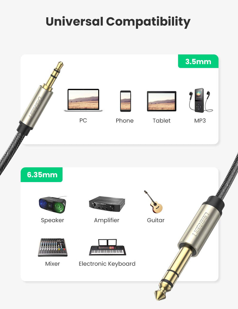 UGREEN 6.35mm to 3.5mm Stereo Audio Cable 6.3 1/4 inch to 3.5 1/8 inch Lead Aux Headphone Mini Jack Male to Male Hi-Fi Cord Compatible with Car Amplifier Speaker Earphone Laptop Phone iPad PC iPod(2M) 2 Metres